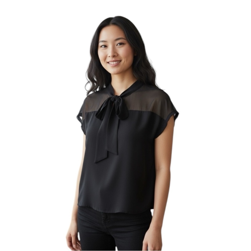 THE LIMITED M Black Jersey Top Chiffon Sheer Shoulder Neck Tie R $35